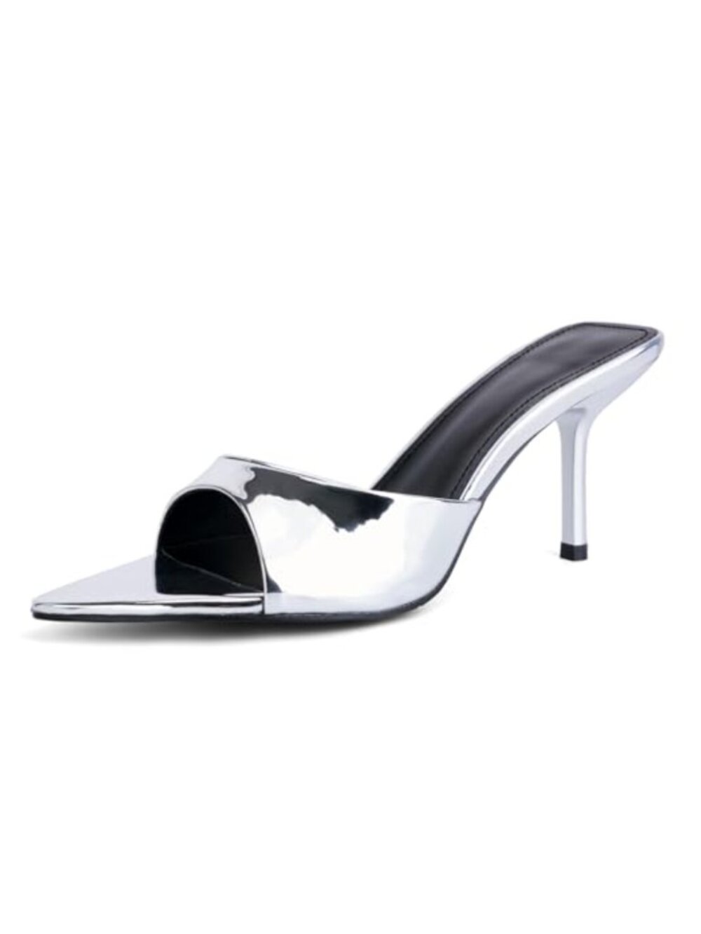 Kitten Heel Pointed Toe Mule Sandals Faux Leather Slip On